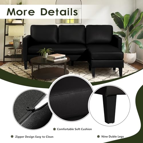 Image of Faux Leather Sectional Couch, L Shaped Sofa with 3 Seater Couch and Reversible Chaise Convertible PU Leather Comfy Couches for Living Room (Black)