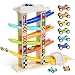 6 Car Ramps Wooden Ramp Racer for Kids - TOP BRIGHT Toys with 6 Wood Racing Car 1 Parking Lot & Extra Bridge