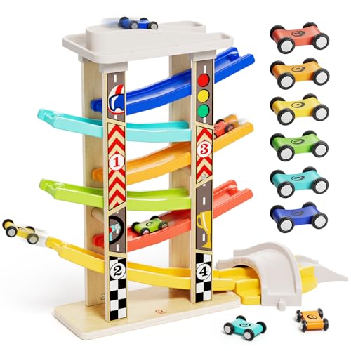 Image of TOP BRIGHT Wooden Car Ramp with 6 Cars, Montessori Toy for Ages 1-3 | 6-Lane Ramp With Garage & Bridges, Includes 6 Mini Cars for Racing, Montessori Toy for Boys & Girls