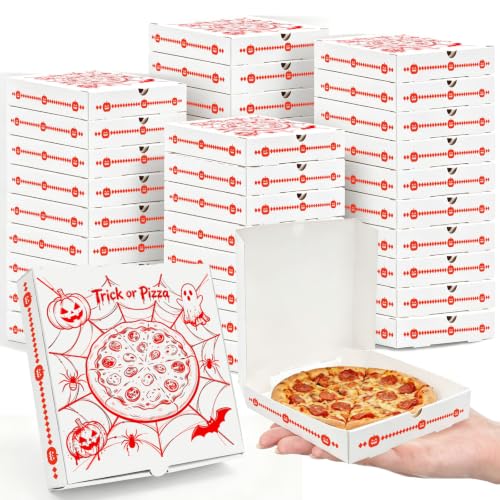 Chrotopic 50Pcs Mini Ghost Pizza Boxes, Trick or Pizza Candy Gift Boxes, Pre-Folded Paper Treat Boxes for Halloween Party Favor, Holiday Gathering, Restaurant Cafe Display Decor