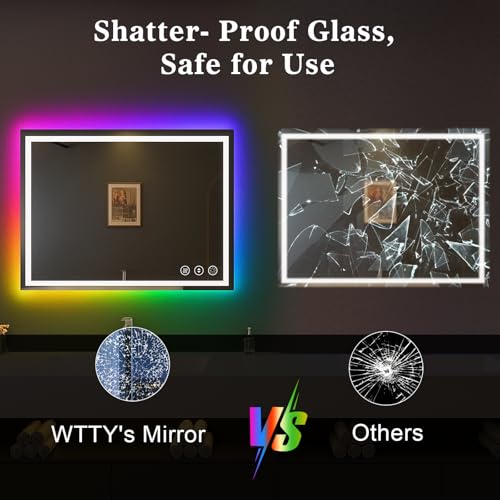 Image of WTTY LED Bathroom Mirror 40 inchx30 inch with RGB Backlit and Front Light,Stepless Dimmable LED Mirror for Bathroom,Lighted Bathroom Vanity Mirror,Anti-Fog,Memory Function,Shatter-Proof,Wall Mounted