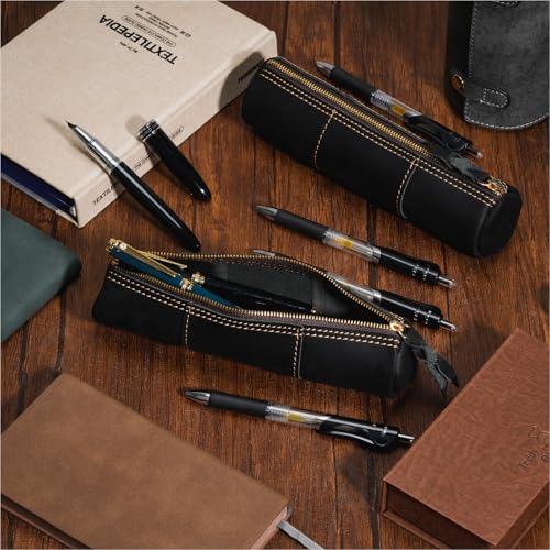 Image of ECHSRT Genuine Leather Pencil Pouch, Slim Cylinder Vintage Pen Bag, Black | Full-Grain Cowhide Leather, Crazy Horse Finish, Slim Cylinder, Single Zipper, Vintage Pen Organizer for Adults