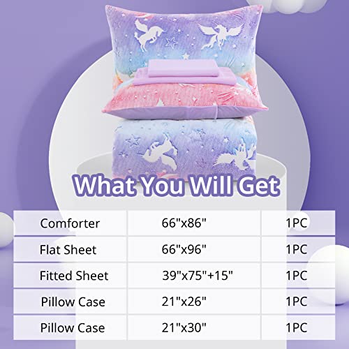 Hombys Glow In The Dark Comforter Set 5 Piece Twin/Twin Xl With Sheets, Pink Blue Stars Velvet Bedding Comforter Sets, Ultra Soft Down Alternative Comforter For Girls Kids, Bed In A Bag #TOP3