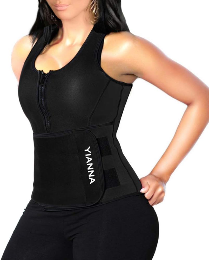 YIANNA Sweat Sauna Suit for Women Neoprene Waist Trainer Vest Zipper Body Shaper with Adjustable Tank Top, YA8012-Black-XL