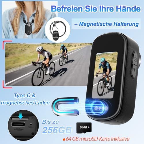 Bild 5 - Mini Action Cam WiFi mit Bildschirm, 4K UHD & 150° Weitwinkel IP65 wasserdichte Bodycam 4K 64GB, Tragbare Anti-Shake Helmkamera Motorrad – Ideal für Sport & Outdoor-Aktivitäten