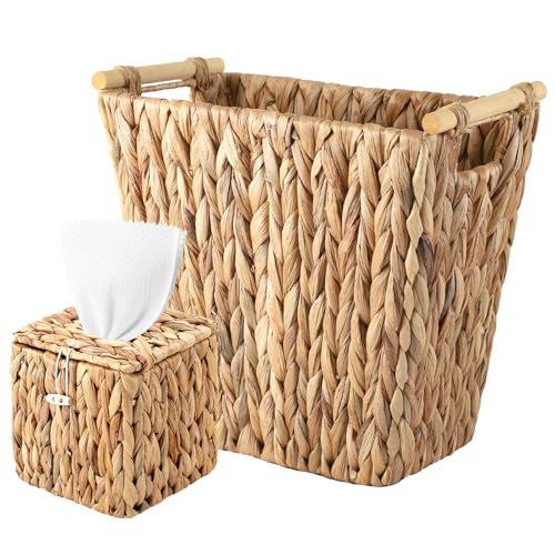 Image of Wicker Trash Can and Square Tissue Box Cover, 3.5 Gallon Water Hyacinth Bathroom Trash Can, Handwoven Napkin Holder, Narrow Small Waste Basket, Rustic Decorative Home Set for Bedroom, Bathroom, Office