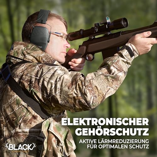 BLACK FOREST HUNT ® AKTIVER GEHÖRSCHUTZ – Geräuschreduktion 82dB – 5-fache Geräuschanhebung mit Richtmikrofonen – Audio-Input – Lärmschutz – klappbarer Kopfhörer für Jagd, Schießsport, Arbeit