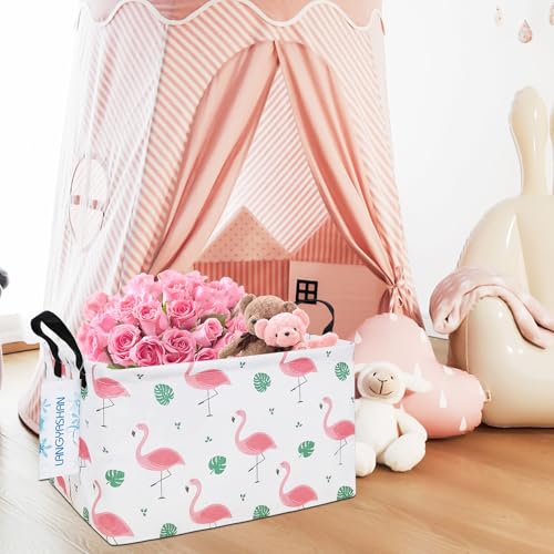 Image of Rectangular Storage Bin Collapse Canvas Fabric Cartoon Storage Basket with Handles for Organizing Home Kitchen Boys and Girls Toys Office Closet Shelf Baskets(Rec Leaf Flamingo)