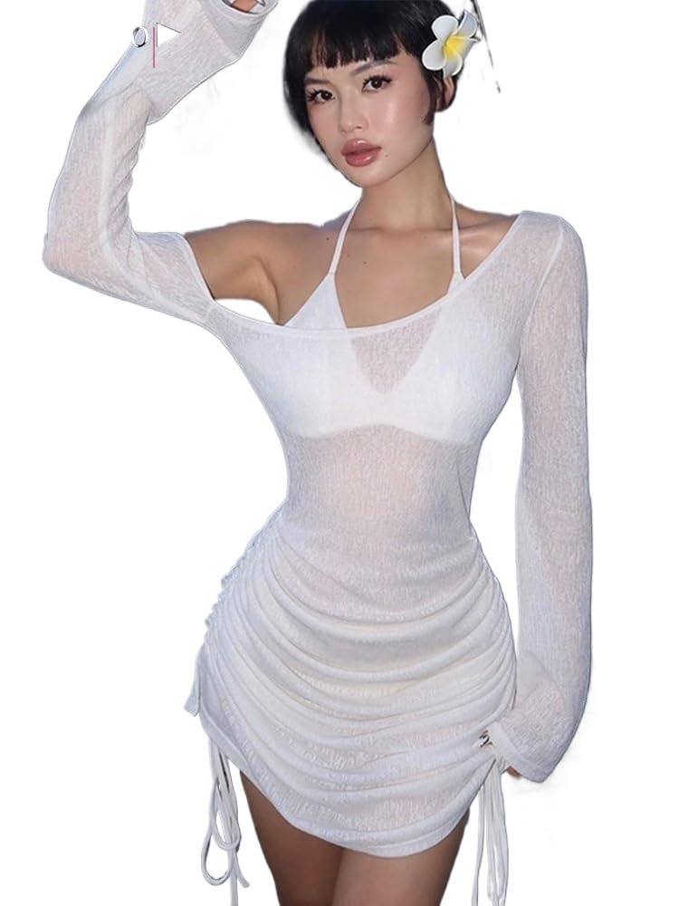 Copricostume Donna Abito Bianco Copricostume con Spalle Scoperte, Manica Lunga, Coulisse, Mini Abito Increspato e Trasparente Copricostume Donna Mare(M)