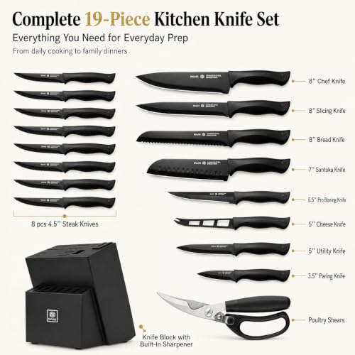 Image of 19-Piece Kitchen Knife Set with Block and Built-In Sharpener, Black | High-carbon stainless steel blades, nonstick coating, ergonomic handles and dishwasher-safe care