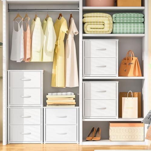DAOUTIME 2-Pack Stackable Storage Drawers (4 Drawers Total), White Closet Organizer with Wooden Top & Metal Frame, Freestanding or Stackable Dresser for Bedroom, Living Room, Under Bed