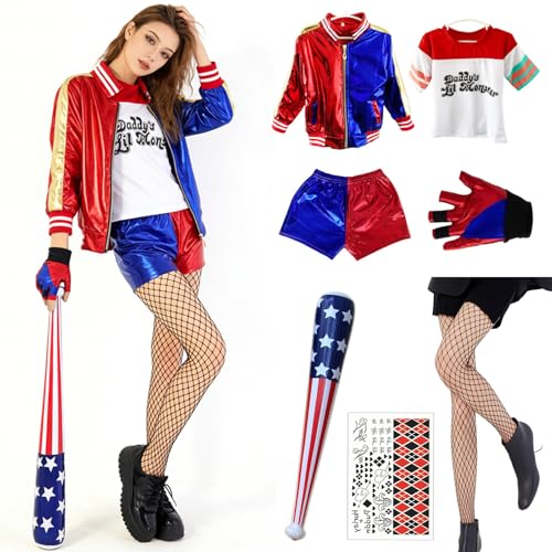BENBENGO Faschingskostüm Mädchen Suicide Kostüme Böser Clown Kleid mit Jacke T-Shirt Shorts Handschuh für Karneval Fasching Mottoparty HalloweenM