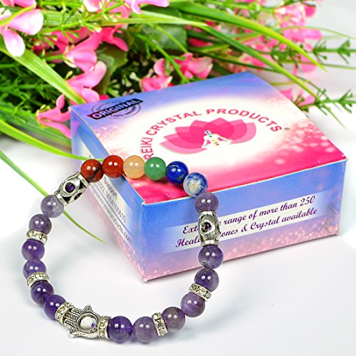 Image of Reiki Crystal Products Certified Natural Crystal Stone 7 Chakra with Hamsa 8 mm Round Beads Bracelet for Men & Women | Reiki Charged Gemstone Bracelet | Multiple Stone Variants Available