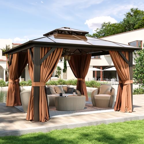 Aoxun 12'x12' Hardtop Gazebo, Metal Frame Permanent Pavilion with Curtains and Netting, Outdoor Polycarbonate Double Roof Canopy, Designed for Garden, Lawns, Patio, Brown