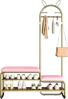 Árbol de pasillo 4 en 1 con banco y almacenamiento de zapatos, perchero de metal de 80 cm con cojín de cuero, estante de 2 niveles y 6 ganchos para entrada, sala de estar, dormitorio, color rosa