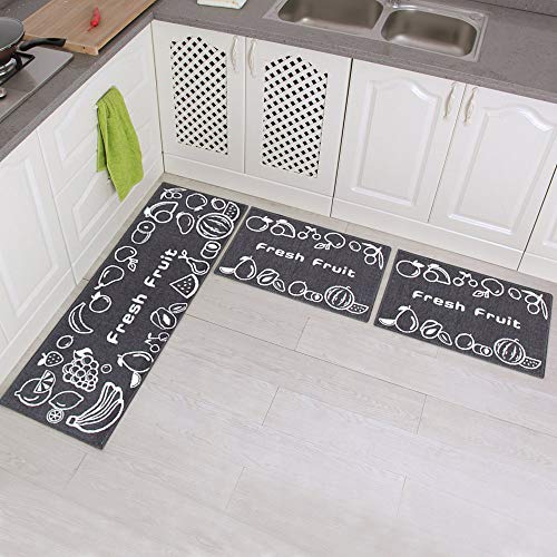 Carvapet Non-Slip Kitchen Mat Set Rubber Backing Doormat Runner Rug Set Fruit Design Grey 15x4715x2315x23