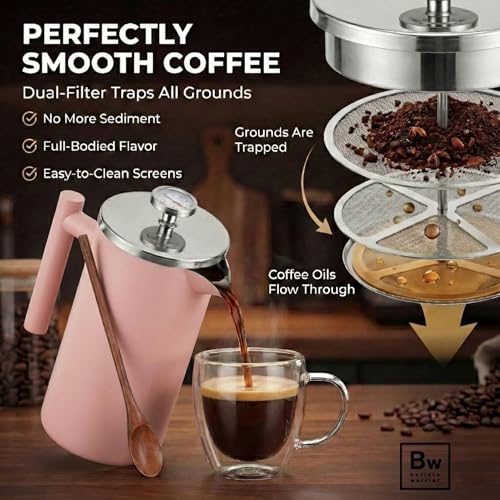Image of Barista Warrior French Press Coffee Maker - Double-Wall Stainless Steel Insulated French Press with Built-In Thermometer, Dual Filters Coffee Maker with Wooden Spoon - Pink