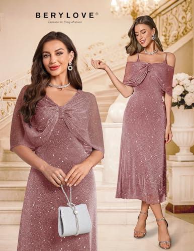 BeryLove Sequin Formal Mother of The Bride Dress Cocktail Evening Wedding Dresses with Shawl2