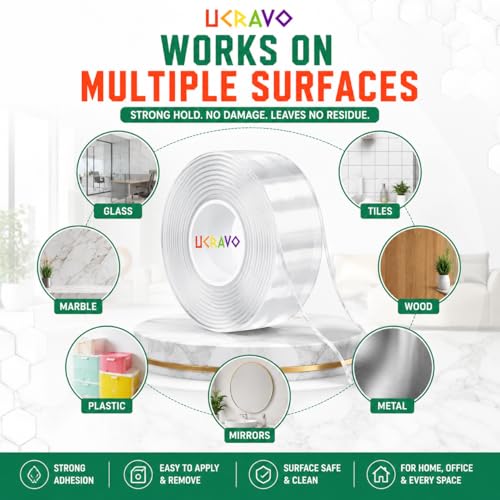 Image of UCRAVO Double Sided Tape Heavy Duty, Transparent Strong Adhesive Mounting Trackless Removable Washable for Tape for Posters, Carpets, Photo Frames, Kitchen,Office,Car Decor(3 Meter).