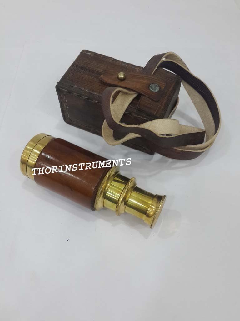 6" Handheld Brass Telescope - Nautical Pirate Spy Glass with Leather Case Rustic Vintage Home Decor Gifts