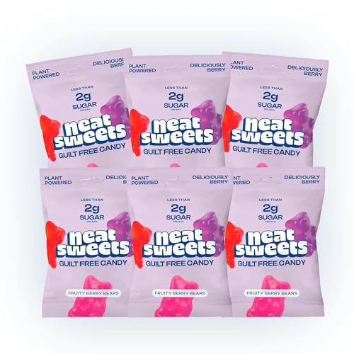 NeatSweets Vegan Sweets with Low Sugar - High Fibre, Gluten Free Plant Based Gummy Bears - 1.6g of Sugar per 50g Low Calorie No Added Sugar Guilt-Free Delicious Candy, Fruity Berry Bears x6 50g Packs