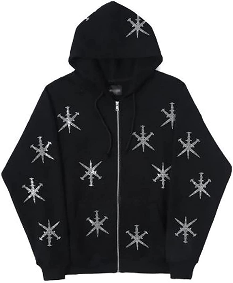 Hoodie Gothic Skull Cage Pattern zippé avec strass brillants