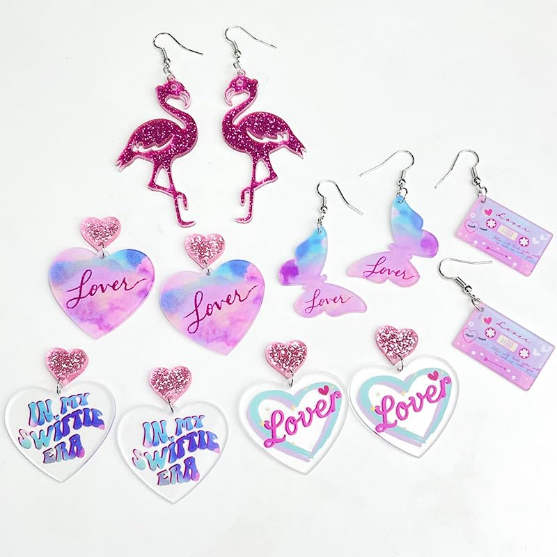 Funny Cute Acrylic Glitter Flamingo Dangle Drop Earrings Lightweight Resin Shiny Pink Love Heart Tape Butterfly Earrings for Women Girlsfriends Her Valentine's Day Gifts2