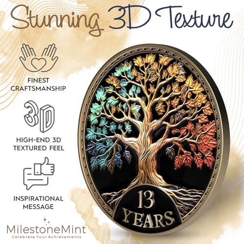 Image of MilestoneMint 13 Year Sobriety Coin Tree of Life Gift Set | Anniversary Sobriety Gifts for Men & Women | AA Coins and Medallions with Token Capsule, Stand & Card | 3D Texture, Recovery AA Chips