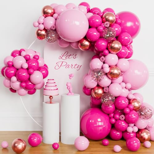 Pink Balloon Arch Kit, 142pcs Hot Pink Rose Gold Balloons Garland Arch with Confetti Balloons for Girls Birthday Bridal Baby Shower Valentine's Day Princess Theme Party Background Decorations Supplies