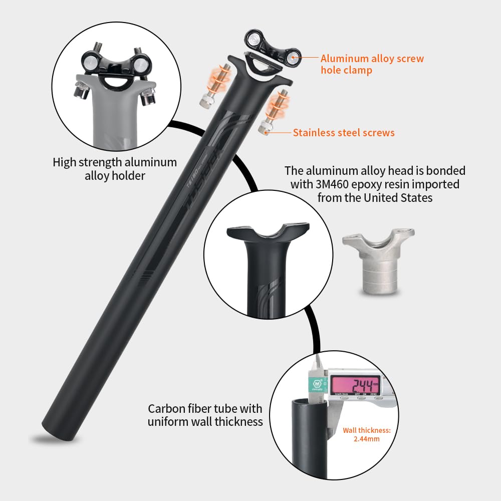 ALEFCO Carbon-Fahrradsattelstütze, 27,2 mm, Rennrad-Sattelrohr, 30,8 mm, 31,6 mm, mattschwarz, MTB, Rennrad, Mountainbike, Carbon-Sattelstütze, 400 mm, Carbon-Sattelstütze, UD-Schwarz (27,2 x 350 mm) Sport & Freizeit
