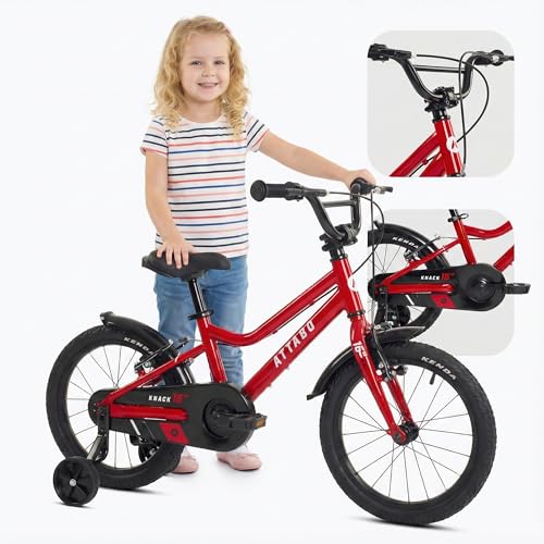 ATTABO Knack 16 – Bicicleta Infantil de 16 Pulgadas, Marco de Aluminio Ligero, para niños de 5 a 7 años (110 – 120 cm) – con estabilizadores y Frenos en V