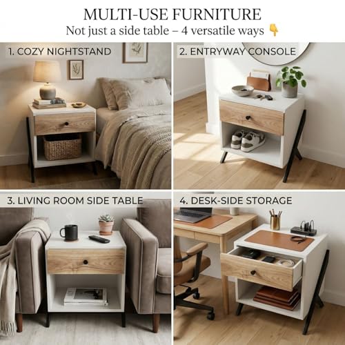 Image of FFO Modern Bedside Table with Drawer & Open Storage | Wooden Finish Nightstand | Side Table for Bedroom | Engineered Wood with Metal Legs | 60x40x54 cm | Oak & White