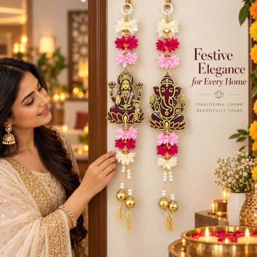 Image of Akaar Decor Lakshmi Ganesha Hanging for Door | Acrylic Festive Latkan with Flowers & Pearls | Diwali Pooja Room Entrance Decor | 16 Inch, Pack of 2