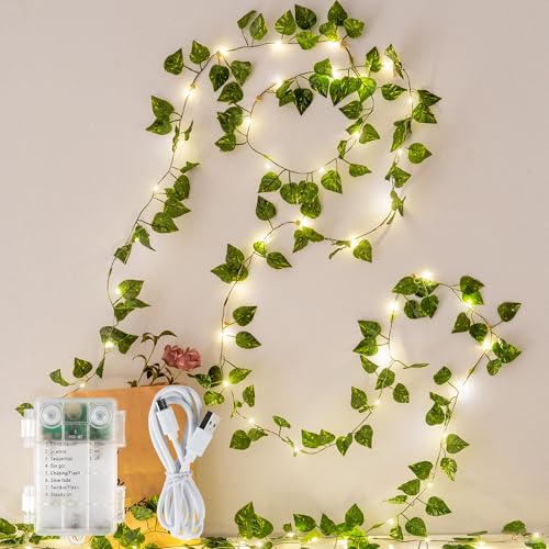 HEYFUNi 23ft Pre-Wrapped Pothos Vine Lights with 73 LEDs, USB or Battery Operated Artificial...