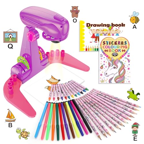 Juguetes Niña Proyector Dibujos para Niños con 72 Motivos Regalos Niña Juguete Proyector Infantil 3 4 5 6 Años Con Lápiz, Libro para Dibujar, Libro para Colorear Unicornio, Regla