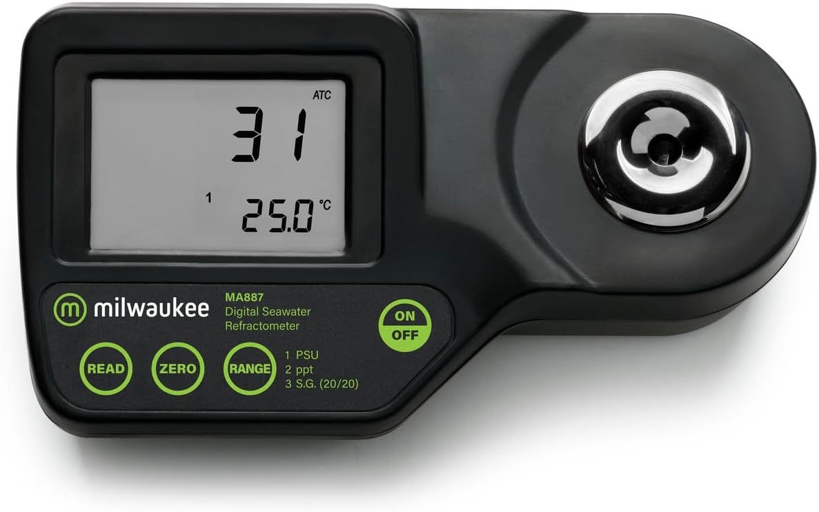 Milwaukee MA887 Digital Salinity Refractometer with Automatic Temperature Compensation, Yellow LED, 0 to 50 PSU, -2 PSU Accuracy, 1 PSU Resolution