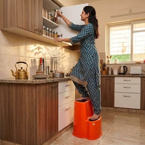 Image of Multipurpose Step Stool with Anti-Skid Surface for Home, Kitchen & Office | Premium Plastic Ladder Stool | 220 kg Hight Weight Load Capacity | 60 x 47 x 51.5 cm  (Mango Orange)