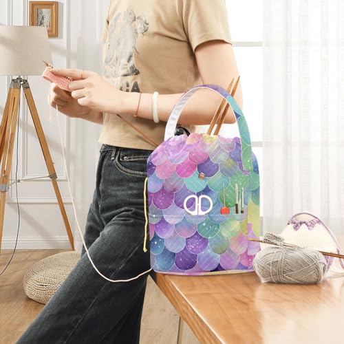 Image of ElliTarr Crochet Bag Yarn Bag with Handle Portable Knitting Project Bag Travel Yarn Storage Organizer Holder Case Watercolor Mermaid Scales Colors