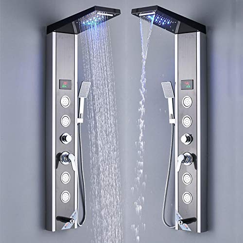 Panel de ducha LED para baño, columna de ducha con pantalla digital, chorro cascada y lluvia, acabado cepillado en negro y níquel miniatura 5