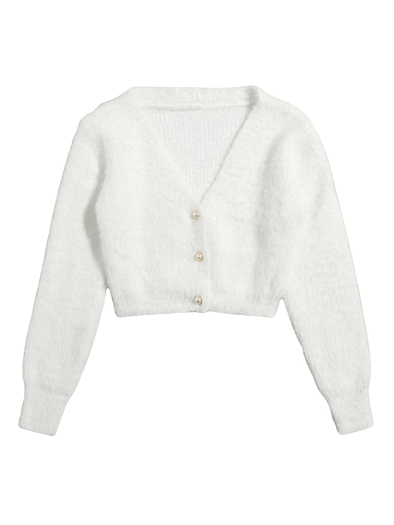 GORGLITTER Womens Fuzzy Crop Sweater Cardigan 2025 Winter Holiday Outfits Chunky Pearl Button Down Long Sleeve Cardigan