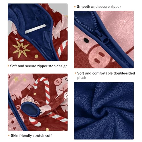 Pig Candy Cane Star Pattern Toddler Fleece Jacket Girl Boys Hooded Fleece Jacket Coat Warm Outwear Zip-up 3-10T3