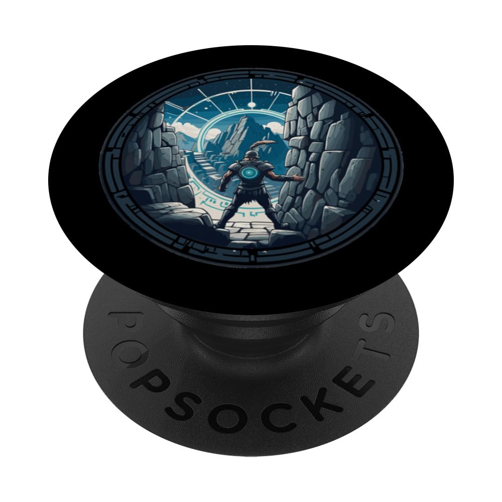 a Samurai-warrior stepping thru a star-gate to another realm PopSockets Swappable PopGrip, Black