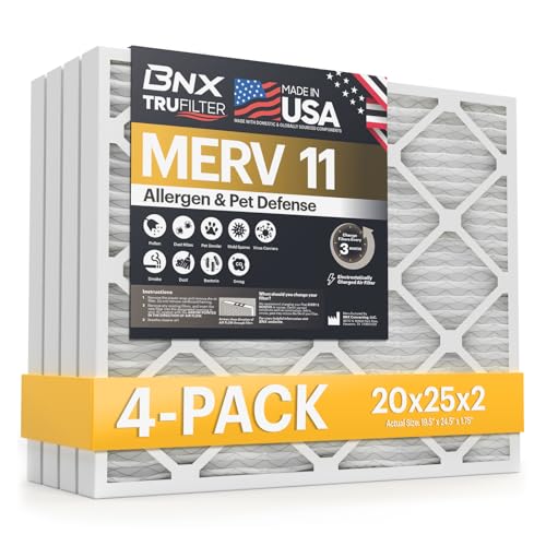 Image of BNX TruFilter 20x25x2 Air Filter MERV 11 (4-Pack) - MADE IN USA - Allergen Defense Electrostatic Pleated Air Conditioner HVAC AC Furnace Filters for Allergies, Dust, Pet, Smoke, Allergy MPR 1200 FPR 7
