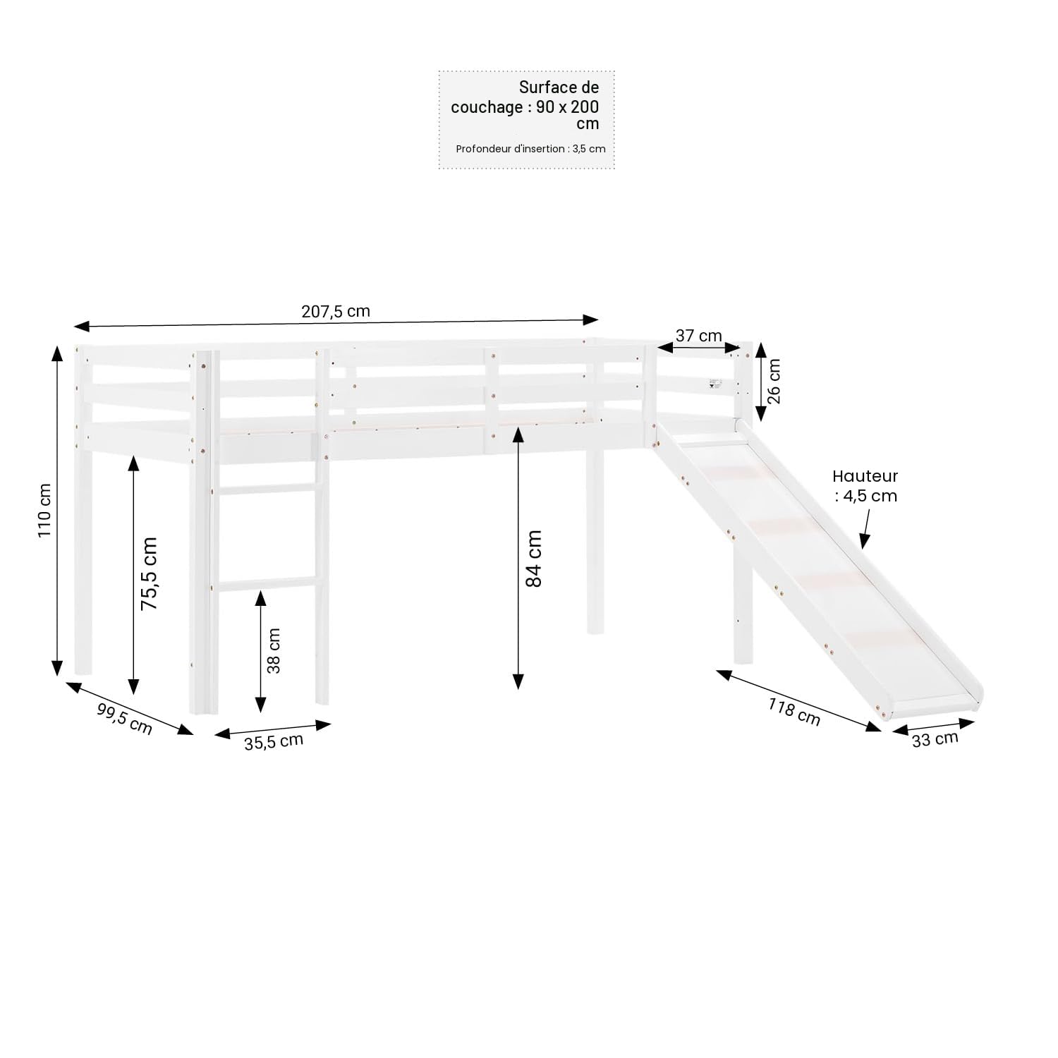 Homestyle4u 1567, Lit de Camp 90x200 Blanc, Lit Mezzanine avec Toboggan Rideau Tunnel Rose, Bois de pin