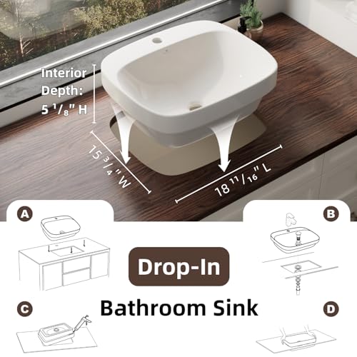 Image of 20″W x 17″D Drop In Bathroom Sink with Free Pop-Up Drain, White Ceramic Rectangular Semi Recessed Bathroom Sink with Single Faucet Hole, Modern Vessel Sink, Durable Above Counter Basin