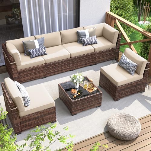 Patio Furniture Set, 7 Pieces Outdoor Modular Conversation Set Wicker Sectional Sofa for All Weather Rattan Patio Couch for Porch Garden Backyard Balcony Poolside (Khaki) Patio Furniture Set, 7 Pieces Outdoor Modular Conversation Set Wicker Sectional Sofa for All Weather Rattan Patio Couch for Porch Garden Backyard Balcony Poolside (Khaki)