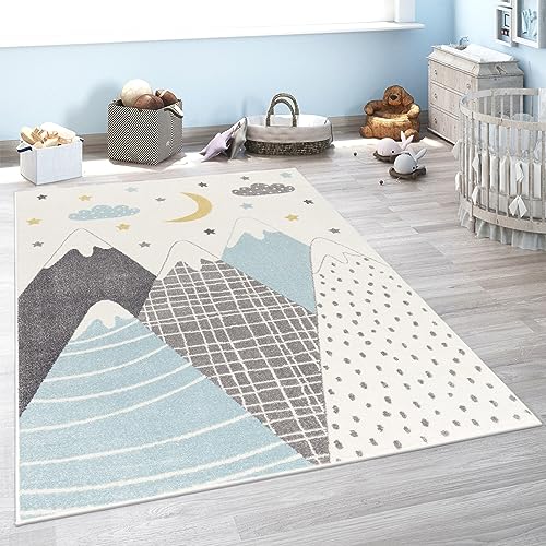 Paco Home Kids Rug for Nursery with Pastel Colored Mountains, Dreamy Stars and Moon in Blue, Size: 6'7