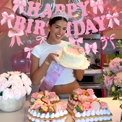 Image of Pink Bow Birthday Banner, Bow Birthday Party Decorations Happy Birthday Banner Pink Party Hanging Swirls Set for Women Birthday Party Decoration Supplies