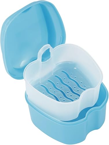 Estuche de dentadura postiza caja de baño Caja de almacenamiento de dientes falsos con cesta de enjuague Estuche portátil de almacenamiento de