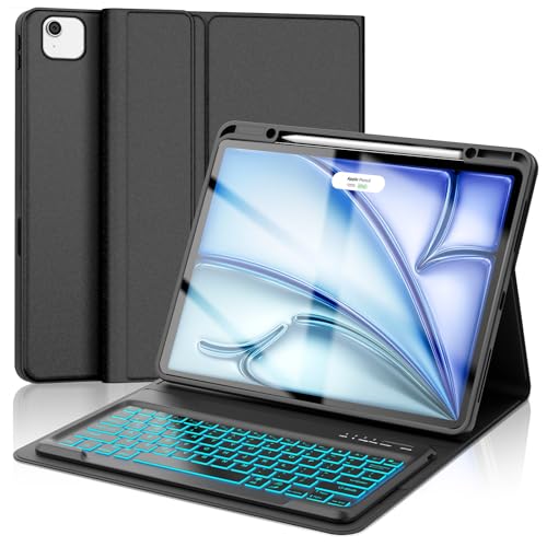 SENGBIRCH iPad Air (M3/M2) 13インチ キーボード 7色バックライト iPad Pro 12.9 キーボード ケース 第6/5/4/3世代対応 軽量 着脱式 ワイヤレス Bluetooth キーボードカバー Apple pencil収納 多角度調整 オートスリープ機能 防汚素材 耐衝撃 全面保護 日本語取扱説明書付き ブラック
